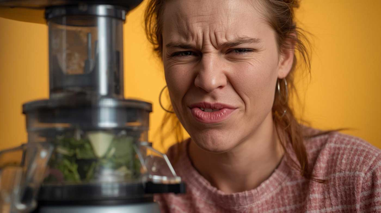 ein-Mensch-nimmt-beim-Saftpressen-mit-einem-Slow-Juicer-unangenehme-quietschende-Gerausche-wahr-und-verzieht-das-Gesicht